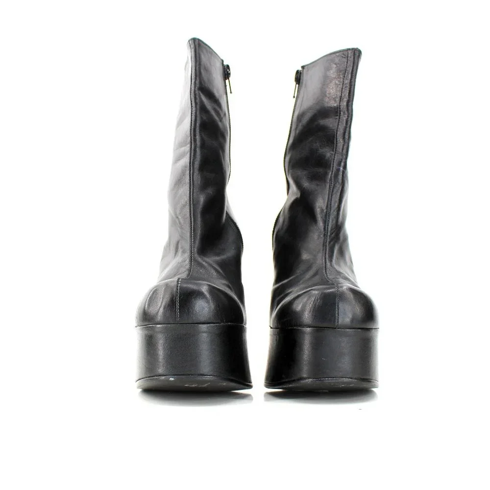 Luichiny Black Leather Platform Ankle Boots Round Toe Spool Heel Spain 37